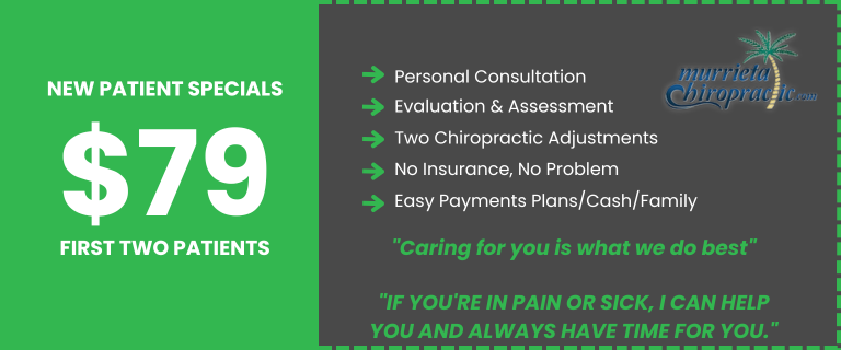 A $47 new patient special is advertised with services including personal consultation, evaluation and assessment, and adjustment and review. The tagline reads, "Your alignment to healthy living.